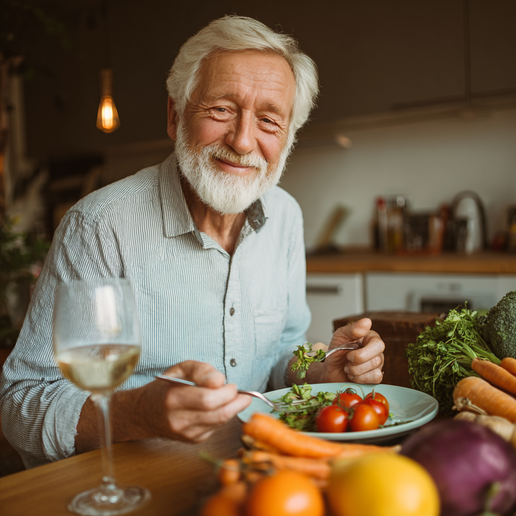 Щаслива літня жінка європейської зовнішності посміхається, тримаючи тарілку зі свіжими овочами та фруктами, демонструє здоровий спосіб життя