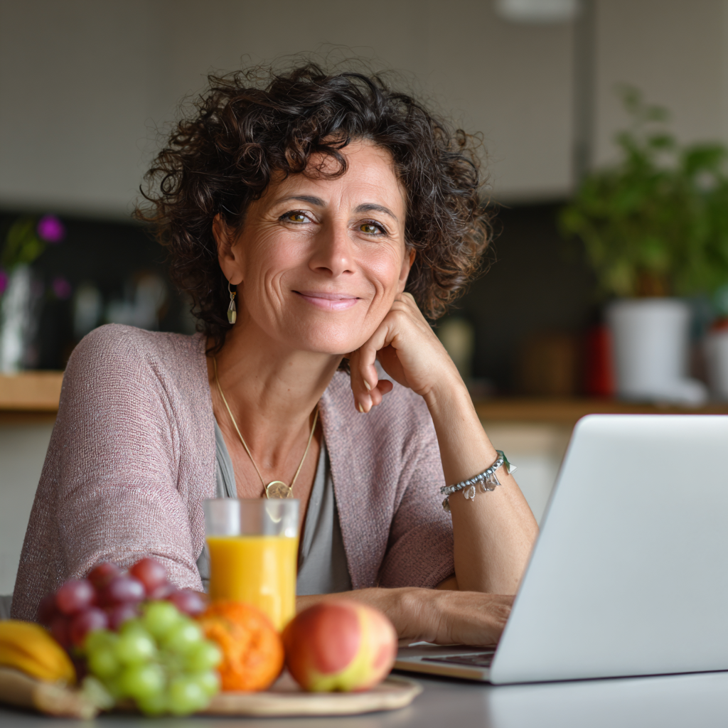 Літній чоловік європейської зовнішності посміхається, читаючи наукову статтю за столом з здоровими продуктами