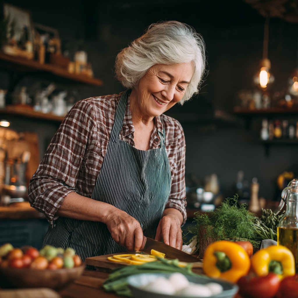 Усміхнена жінка середнього віку європейської зовнішності працює за комп'ютером з корисним перекусом